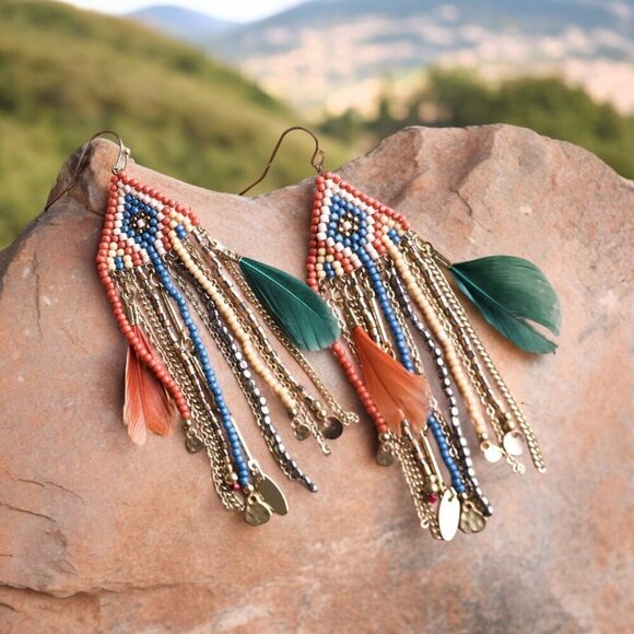 🆕️ Feather Beads Boho Chic Style Summer Vacation Beach Handmade Tassel Earrings - Picture 4 of 6